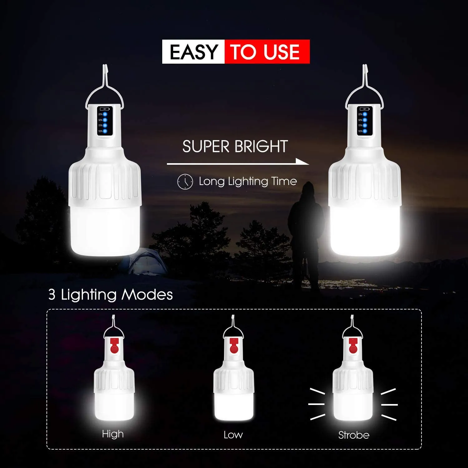 BUCASA LED Ricaricabile Lampada da Campeggio, 4 Pezzi Portatile Lanterna da Campeggio con Gancio e Cavo USB, 3 Modalità Impermea