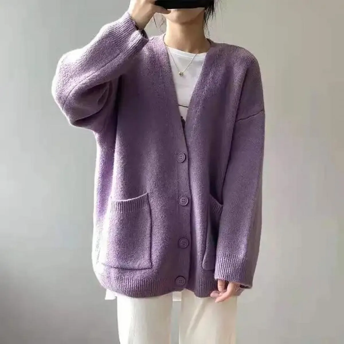 Cardigan maglione casual da donna retrò grigio solido tasche larghe monopetto scollo a V maglione tutto abbinato top femminile c