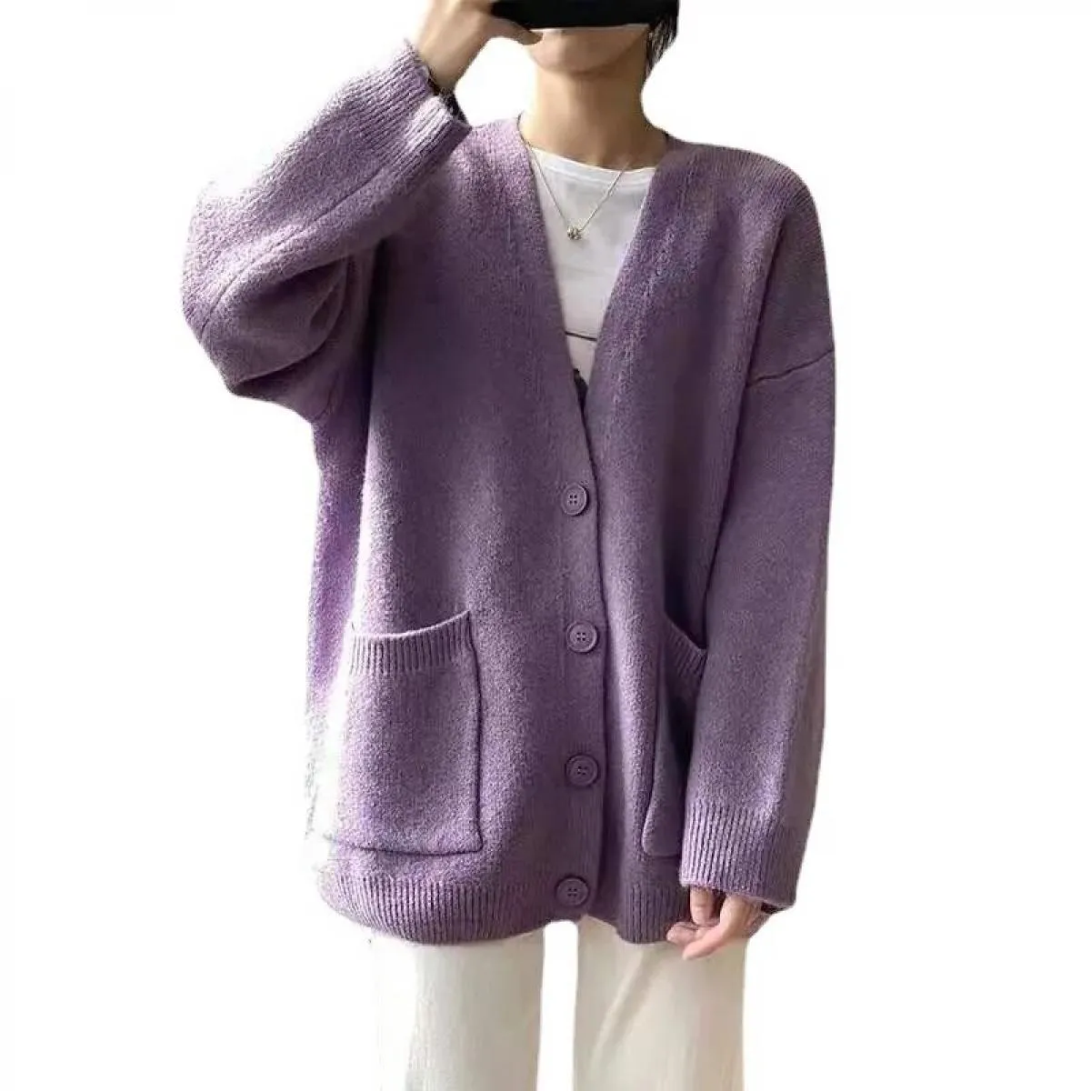 Cardigan maglione casual da donna retrò grigio solido tasche larghe monopetto scollo a V maglione tutto abbinato top femminile c