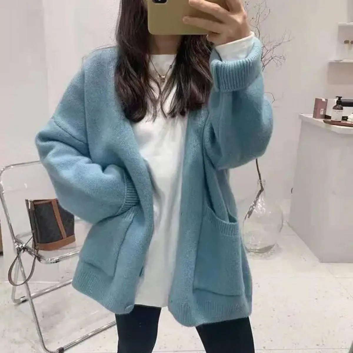 Cardigan maglione casual da donna retrò grigio solido tasche larghe monopetto scollo a V maglione tutto abbinato top femminile c