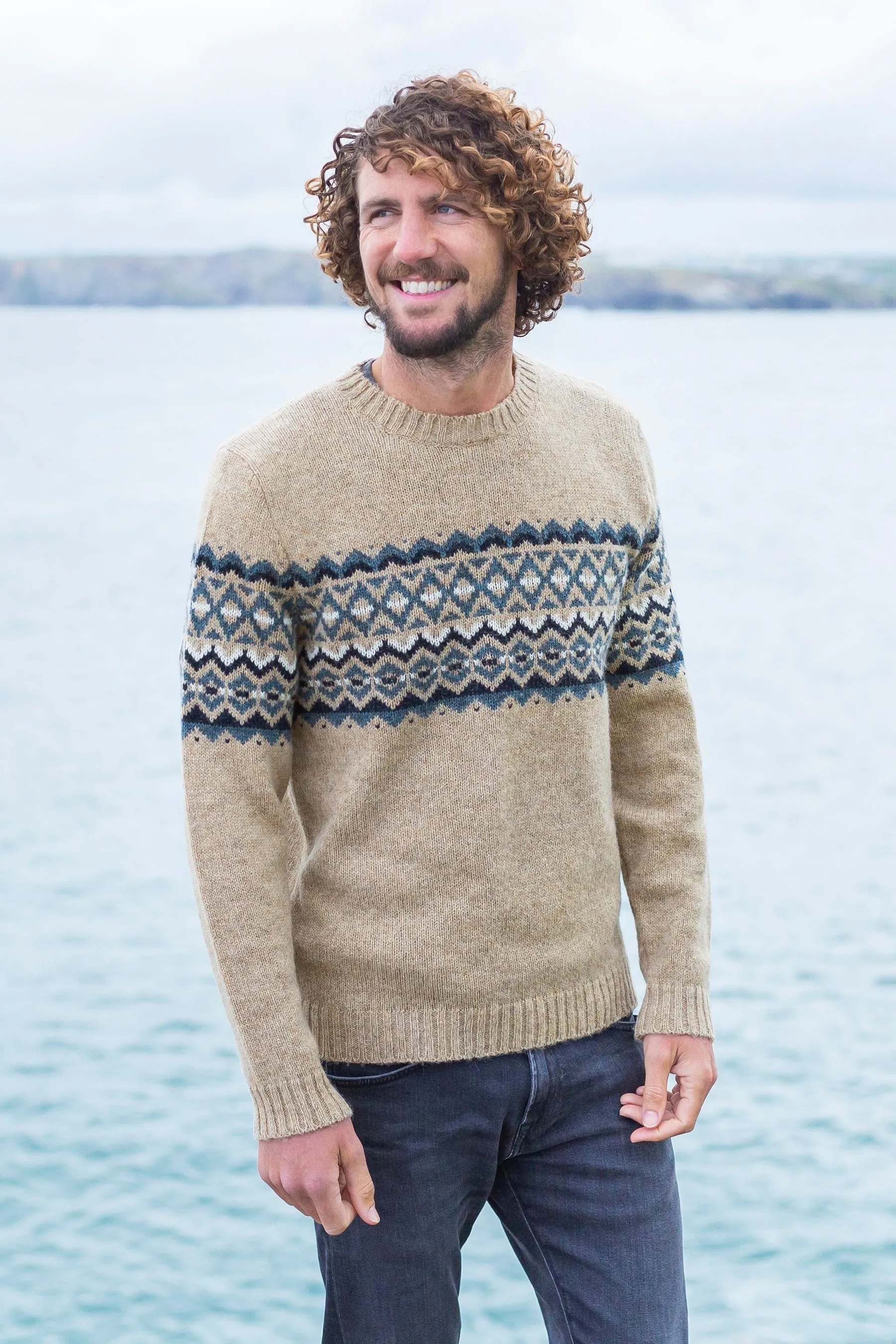 Celtic & Co. Uomo Naturale - Maglione con motivo Fair Isle