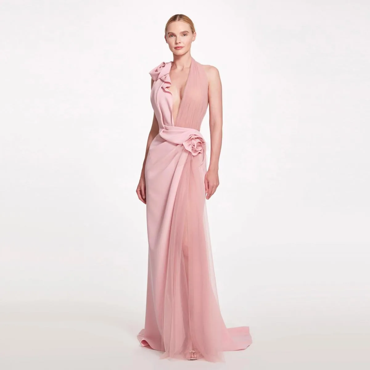 Chic abito formale lungo con scollo all'americana rosa senza spalline in raso e tulle con volant 2024 abiti da ballo per le donn