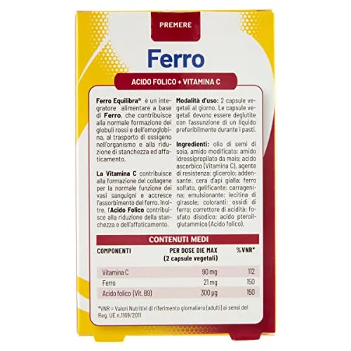 Equilibra Integratori Alimentari, Ferro con Acido Folico + Vitamina C, Integratore a Base di Ferro, per la Normale Funzione dei 