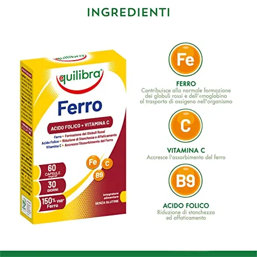 Equilibra Integratori Alimentari, Ferro con Acido Folico + Vitamina C, Integratore a Base di Ferro, per la Normale Funzione dei 