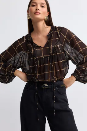 Long Sleeve Metallic Tie Neck Blouse    