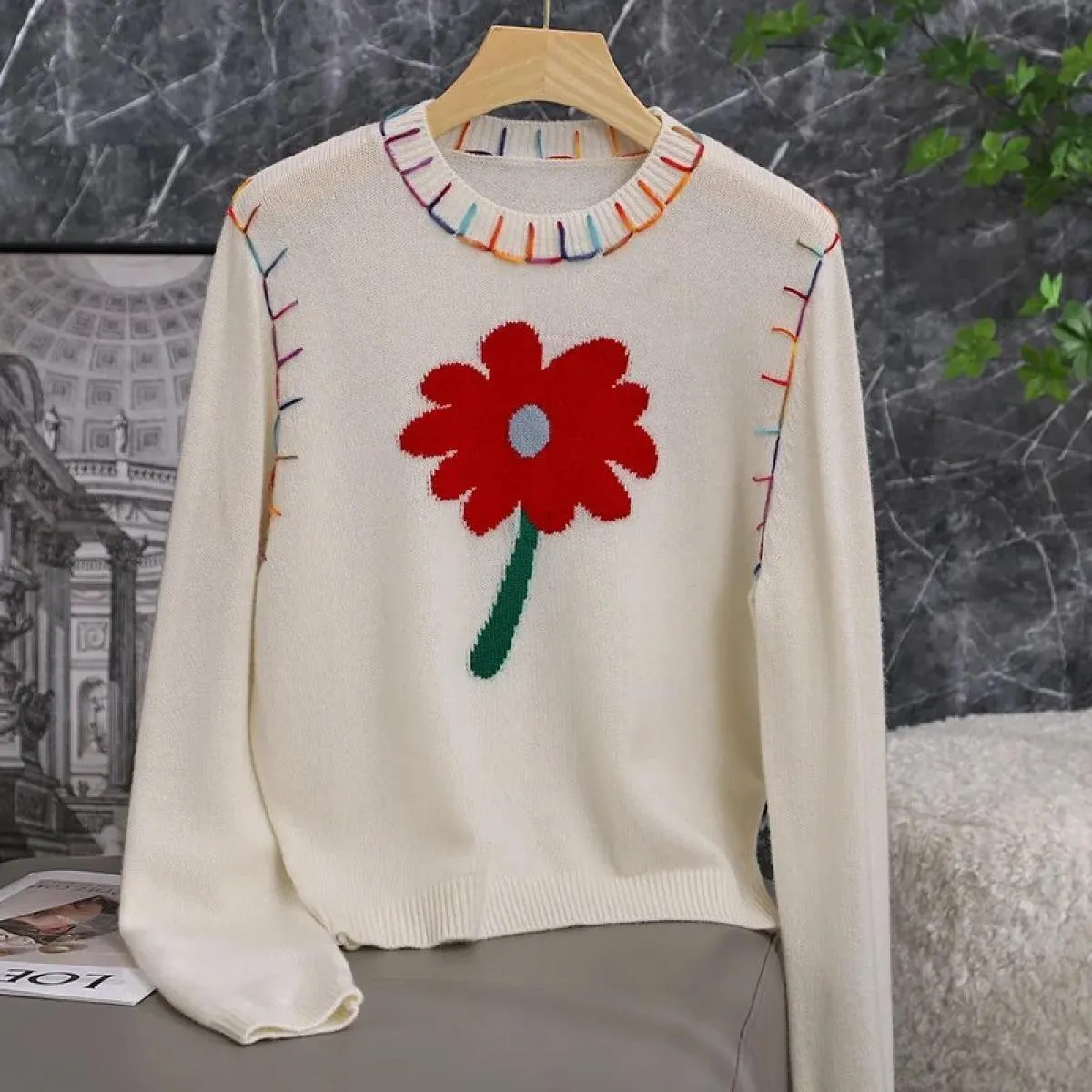 Maglione Sense con design a contrasto di colore Donna 2023 Nuovi fiori Top maglione da indossare all'esterno allentato e delicat