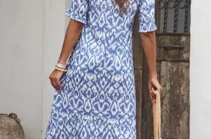 Maxi abito con stampa geometrica, azzurro