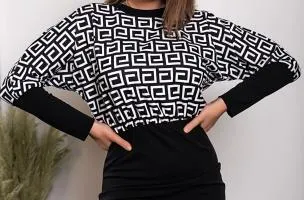 Mini abito a maniche lunghe con stampa geometrica Lenta, bianco e nero