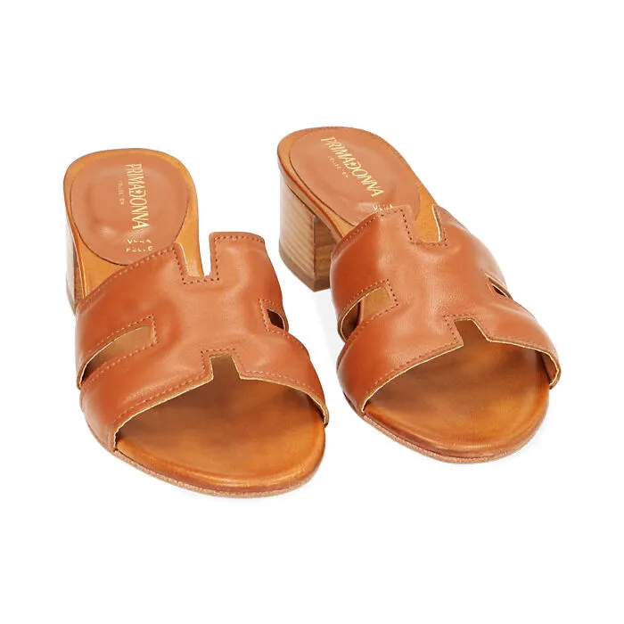 Mules Open Toe cognac in pelle, tacco 5 cm