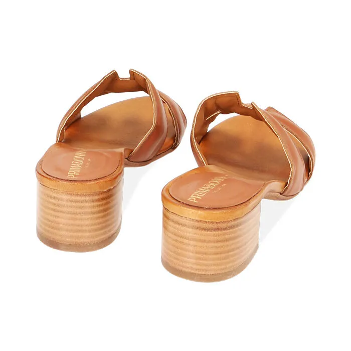 Mules Open Toe cognac in pelle, tacco 5 cm