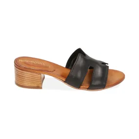 Mules Open Toe nere in pelle, tacco 5 cm