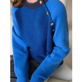 New Klein Blu Maglione Donna Pullover Lavorato a maglia Abbigliamento Autunno Top Retro O Collo Manica lunga Bottoni Maglione do