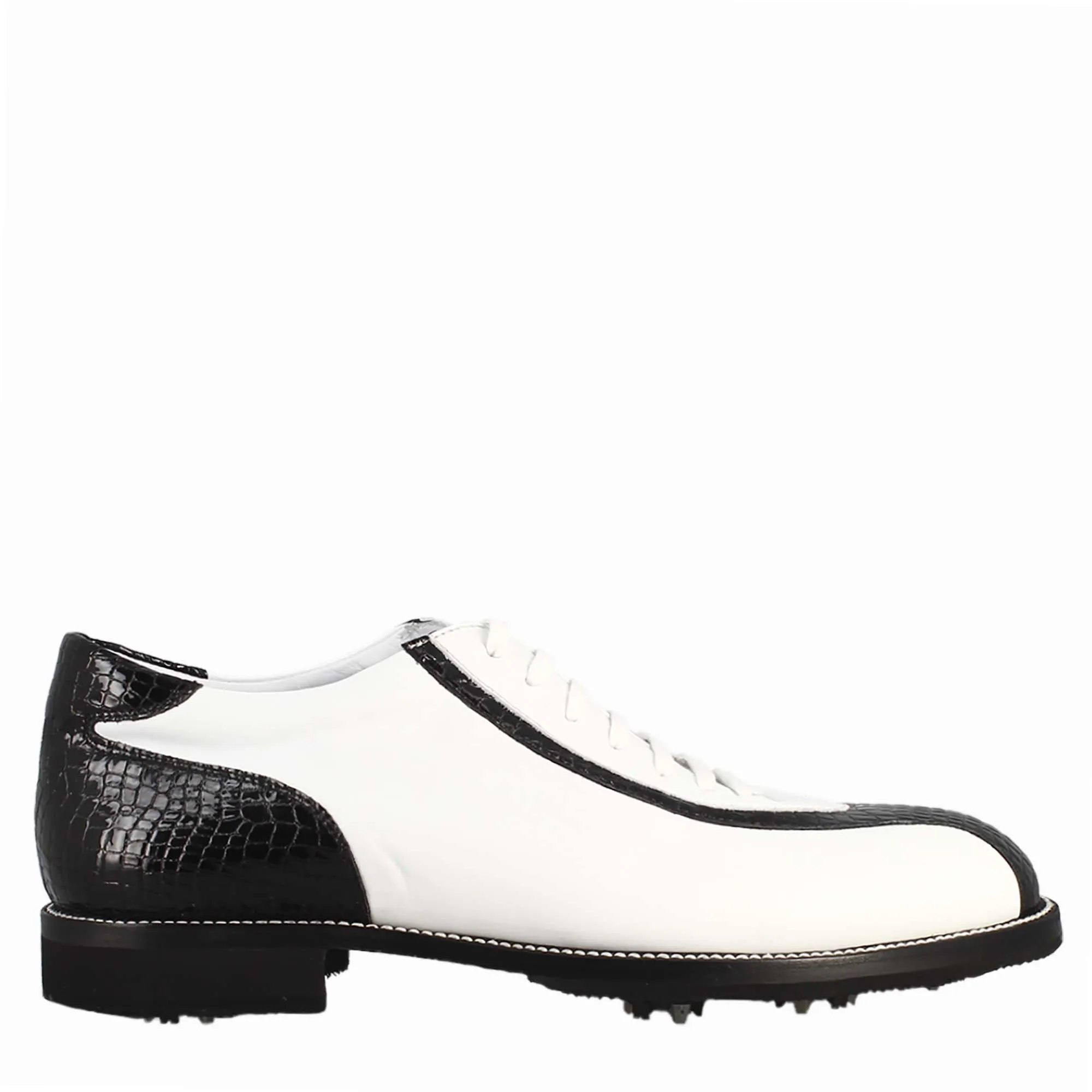 Scarpe golf da uomo artigianali in pelle bianco e dettagli in cocco nero