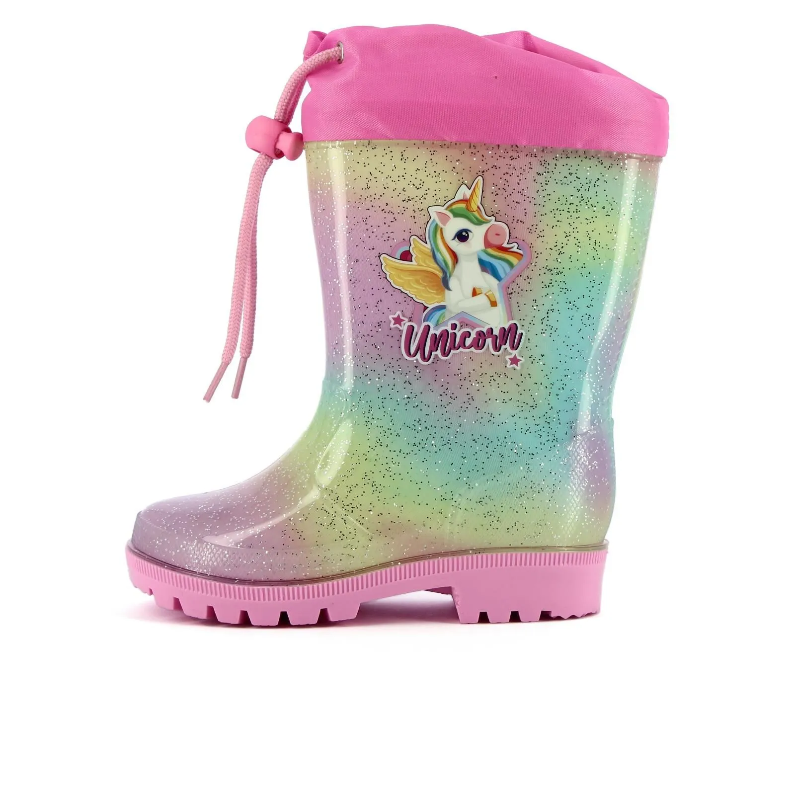 Stivaletti rosa e multicolor da bimba con glitter e stampa unicorno