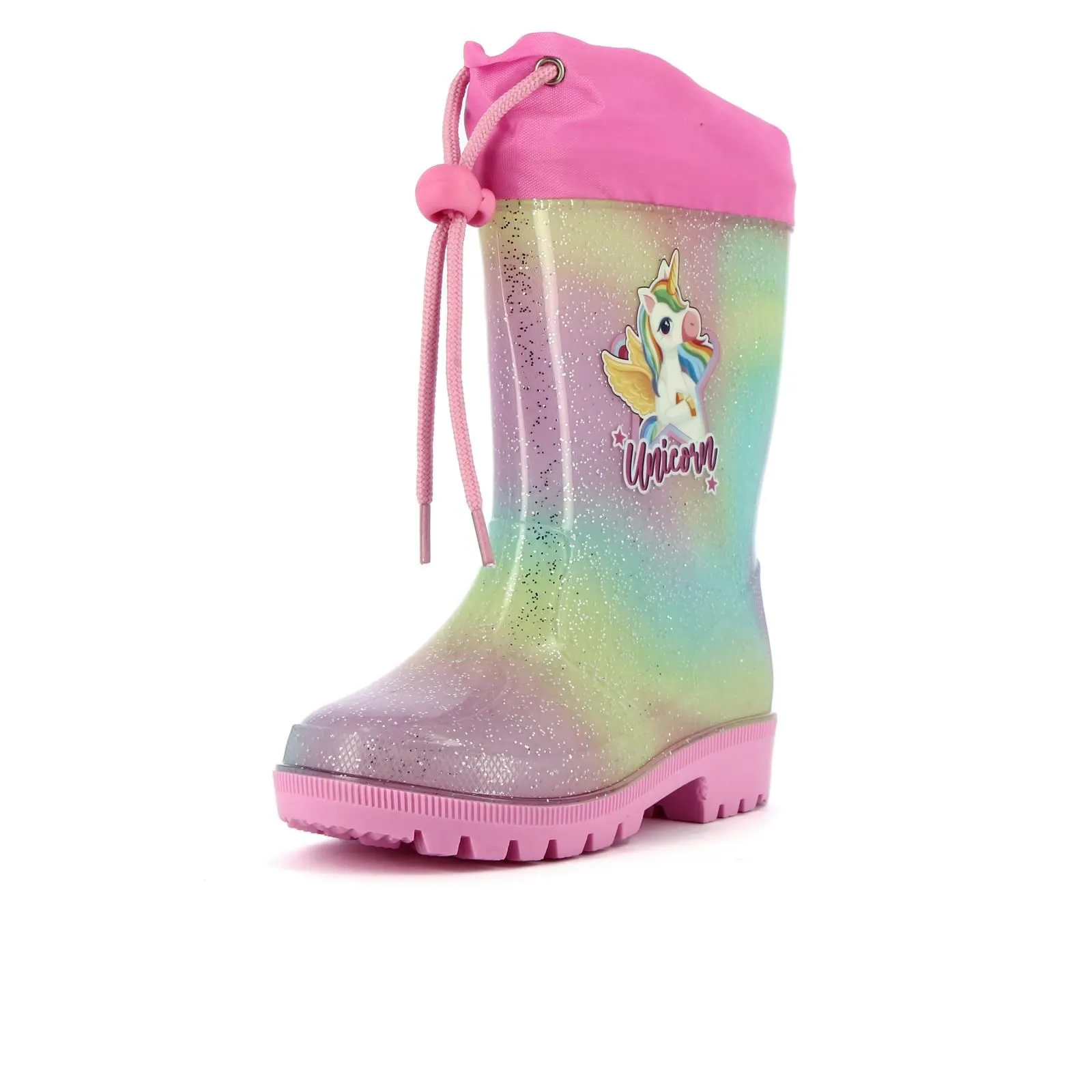 Stivaletti rosa e multicolor da bimba con glitter e stampa unicorno