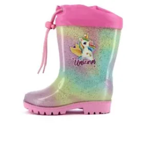 Stivaletti rosa e multicolor da bimba con glitter e stampa unicorno