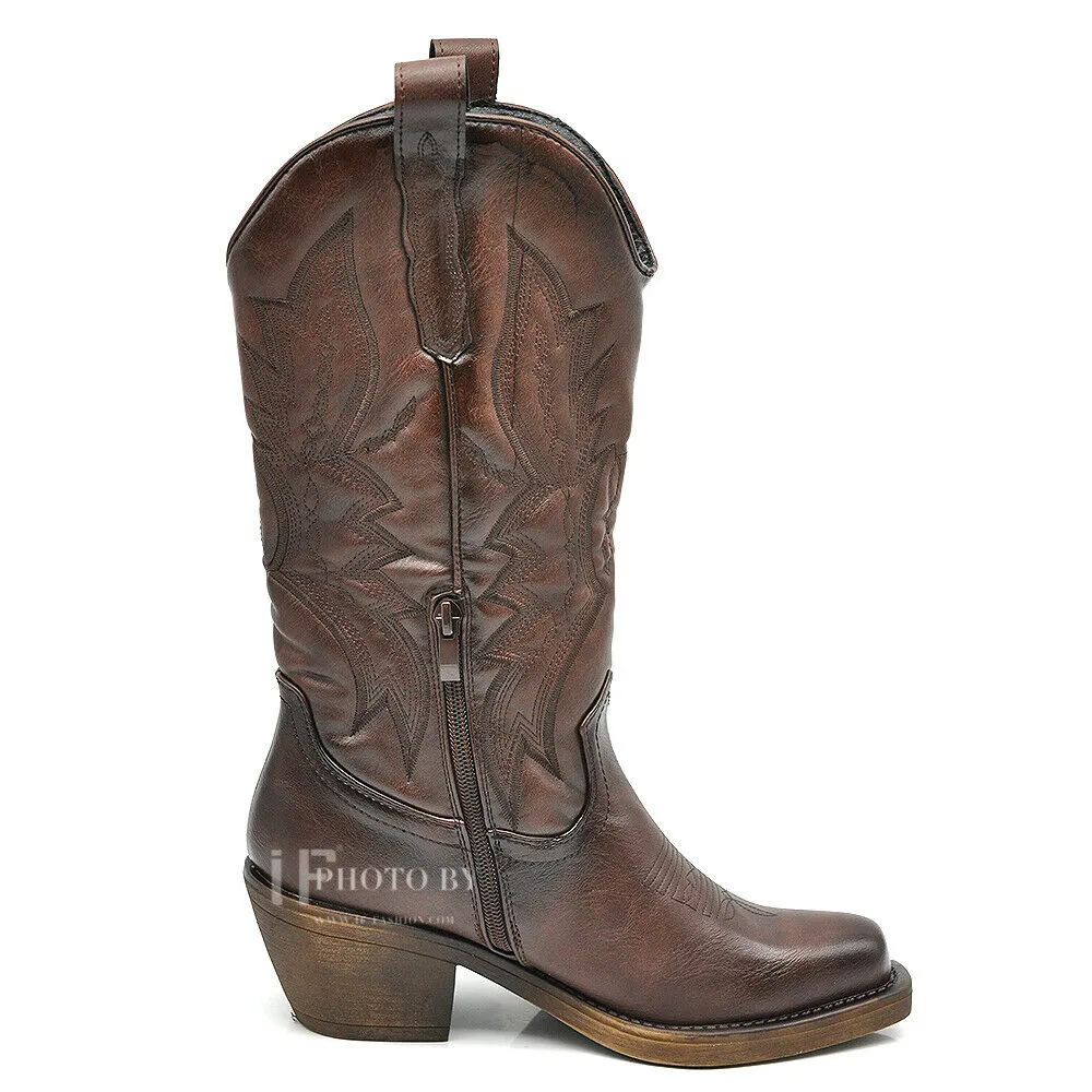 Stivali Stivaletti Da Donna Texani Cowboy Cowgirl Punta Quadrata Etnici YG886