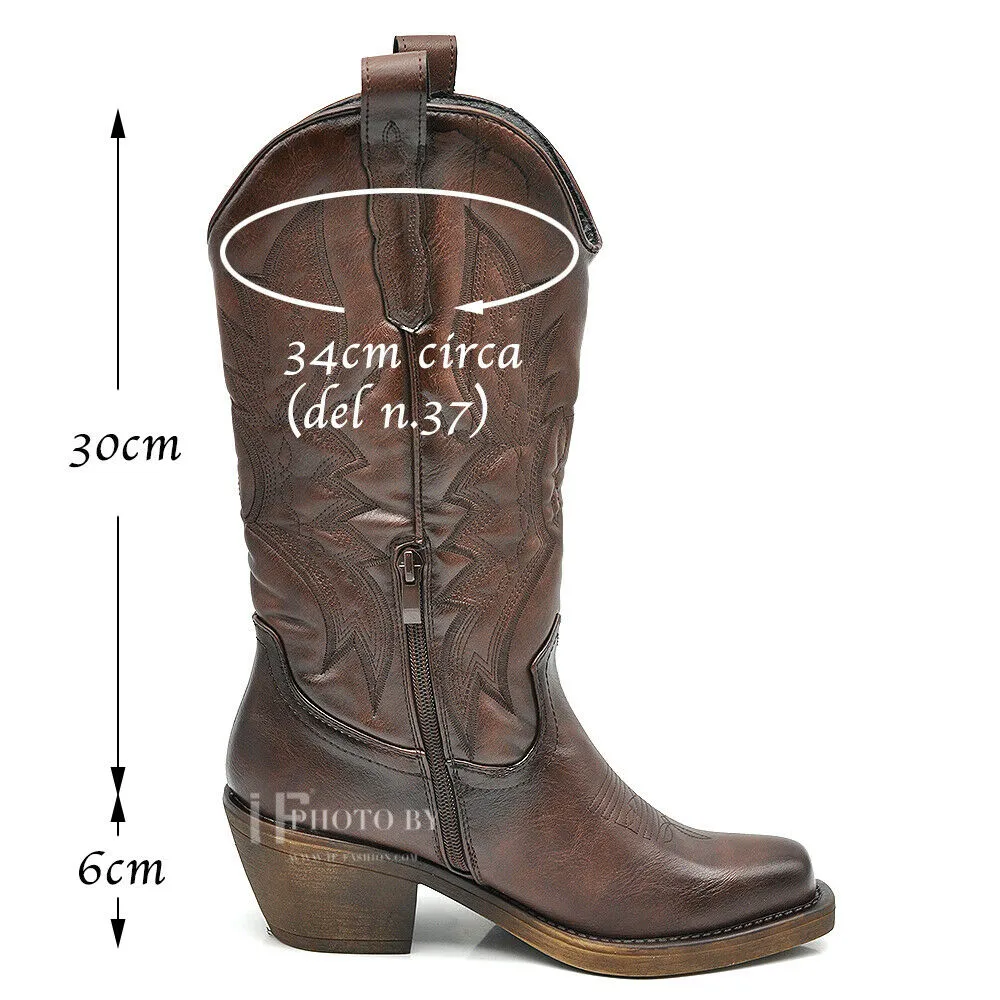 Stivali Stivaletti Da Donna Texani Cowboy Cowgirl Punta Quadrata Etnici YG886